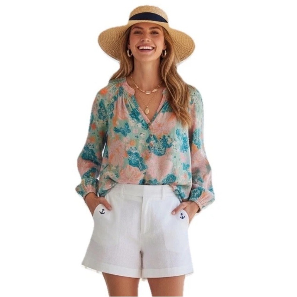 Lilly Pulitzer Elsa Silk Top Blouse Surf Blue Luscious Lions Women’s Sz M Floral